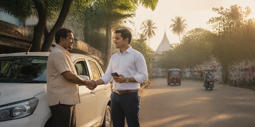A Leemo customer greeting his driver beside a car on a Sri Lankan street