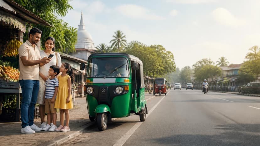 A Sri Lankan family booking a tuk-tuk on their phone beside a green three-wheeler